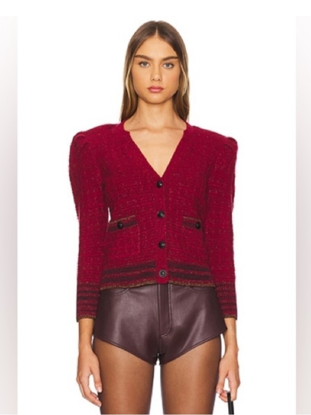 L'AGENCE Jenni Tweed Waffle Stitch Button Front Cardigan in burgundy red SZ SM